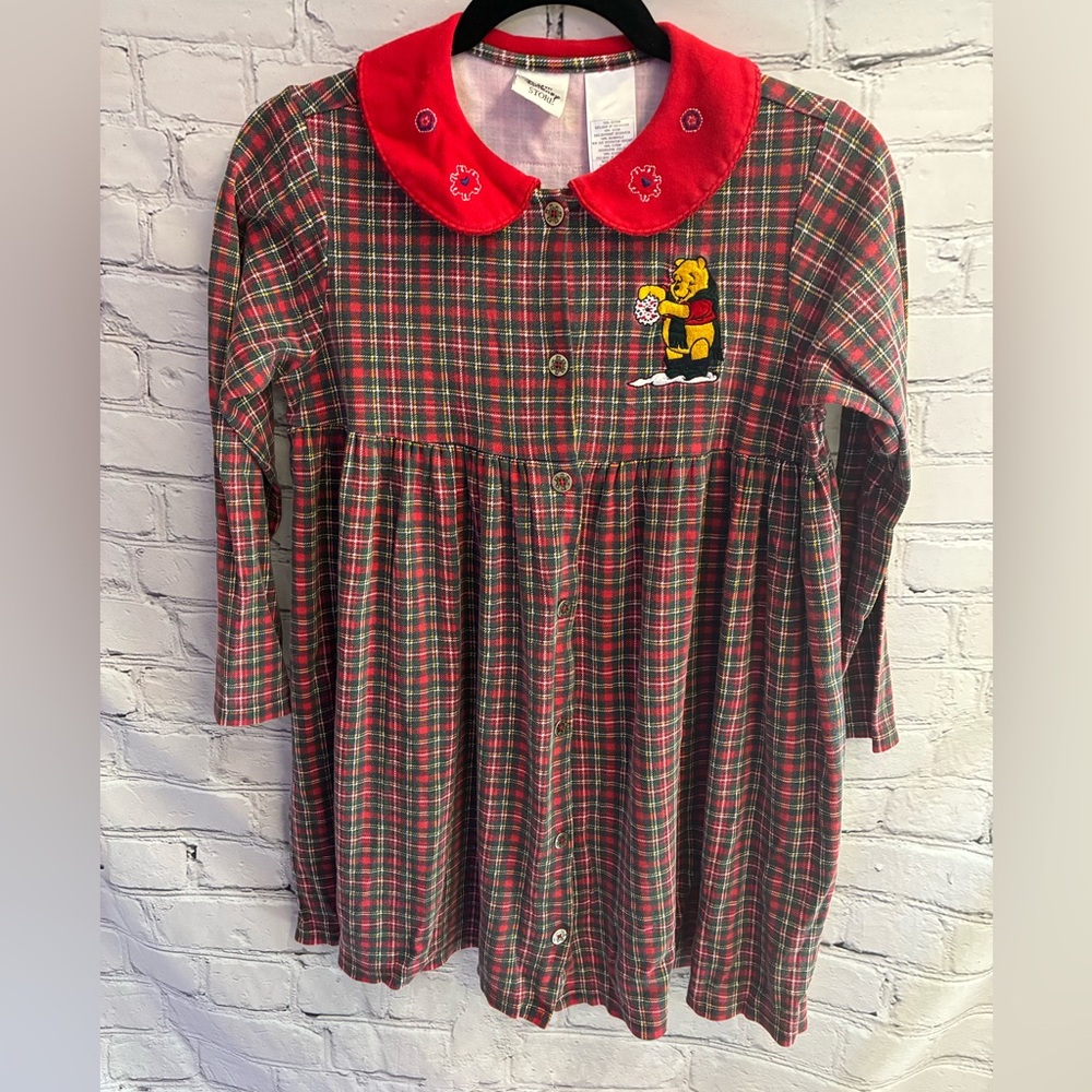 Vintage 90s Winnie the Pooh Plaid Winter Dress Girls 10/12 Rare Disney Red Green
